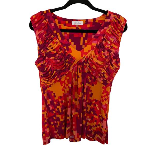 Calvin Klein Tops - Calvin Klein Womens Large Sleeveless Top Side Zipper Orange Red Pink Geometric